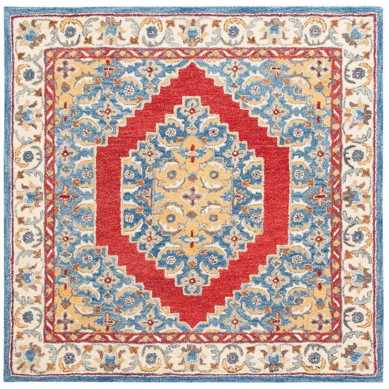 Heirloom Blue and Red Square Tufted Wool Rug 6' x 6'