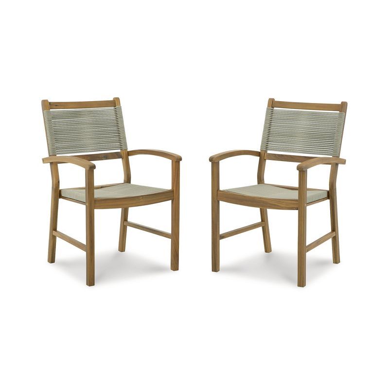 Light Brown Acacia Wood Outdoor Dining Arm Chairs with Rope Back, Set of 2