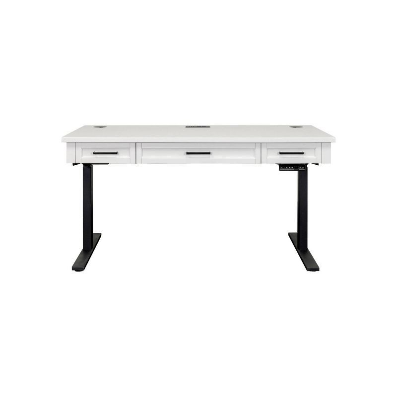 White Adjustable Height Wood Desk with Drawer and Power Outlet