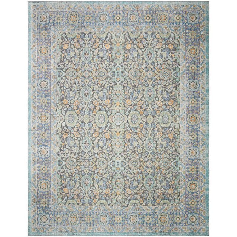 Blue and Green Floral Medallion Cotton Area Rug, 8' x 10'