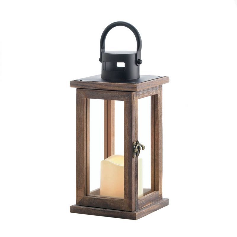 Rustic Brown Wood Hanging Lantern with LED Candle