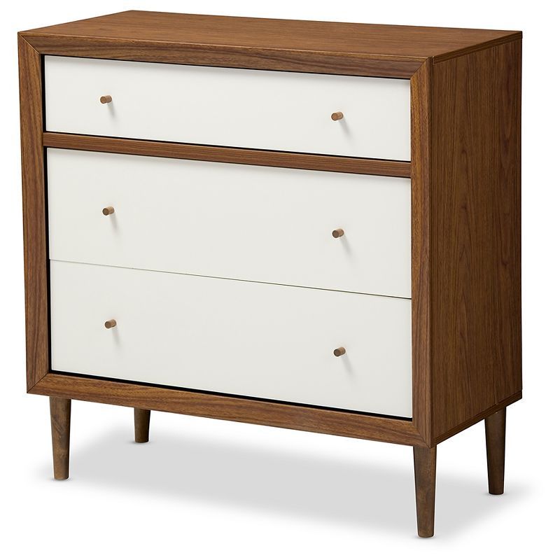 Harlow White and Walnut Mid-Century Modern 3-Drawer Chest