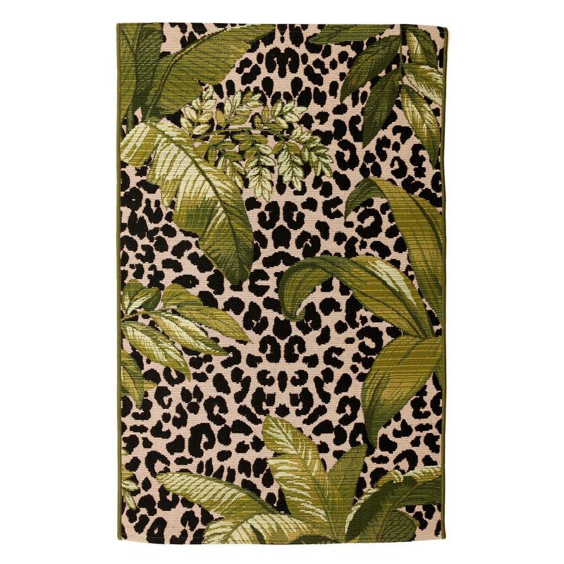 Black and Green Tropical Leopard Print Indoor/Outdoor Rug