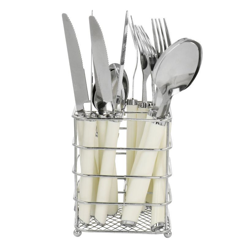 Gibson 16-Piece Stainless Steel Flatware Set with White Handles and Wire Caddy