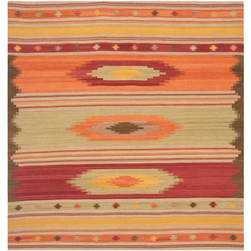 Handmade Red and Multicolor Wool Kilim Area Rug, 5' Square