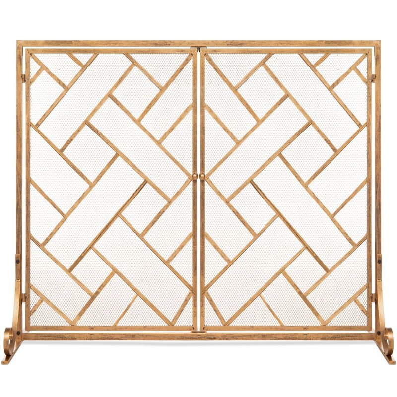 Gold Wrought Iron Geometric Mesh Fireplace Screen with Doors