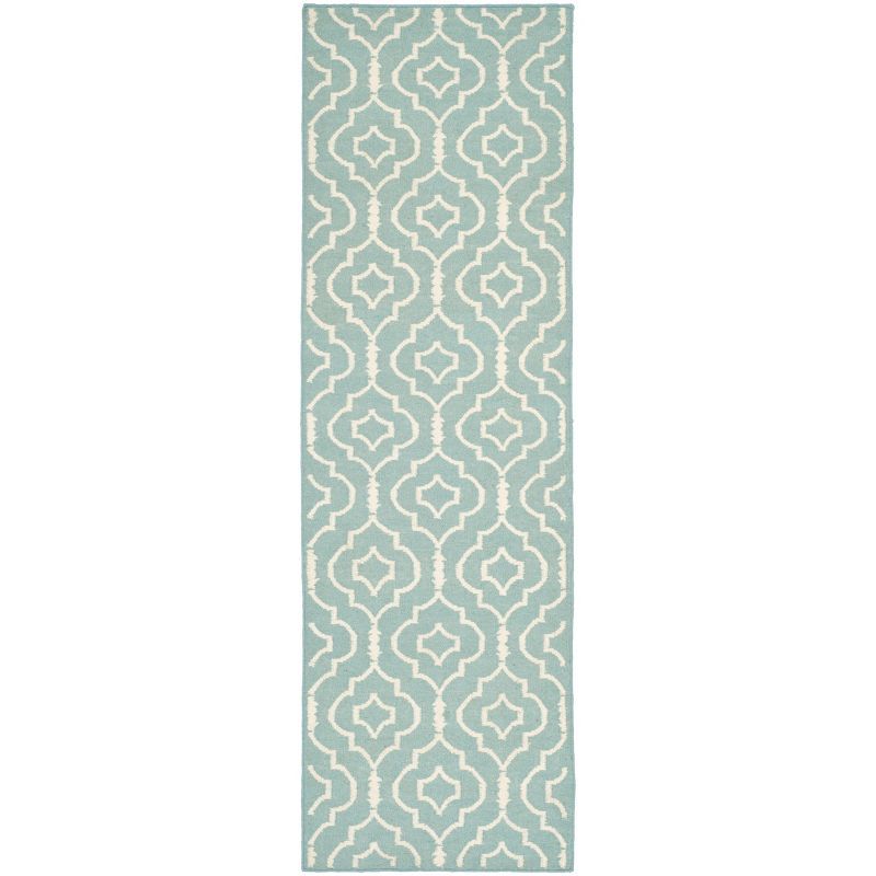 Light Blue/Ivory Geometric Handmade Wool Area Rug - 2'6" x 12'