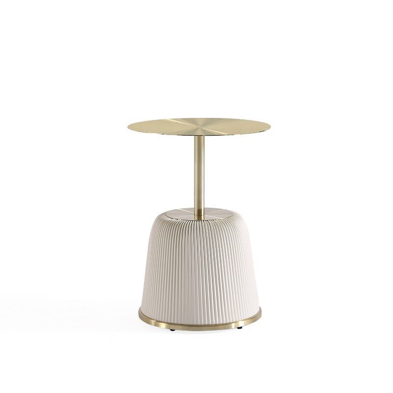 Cream and Gold Round Metal Accent Table with Ridged Base