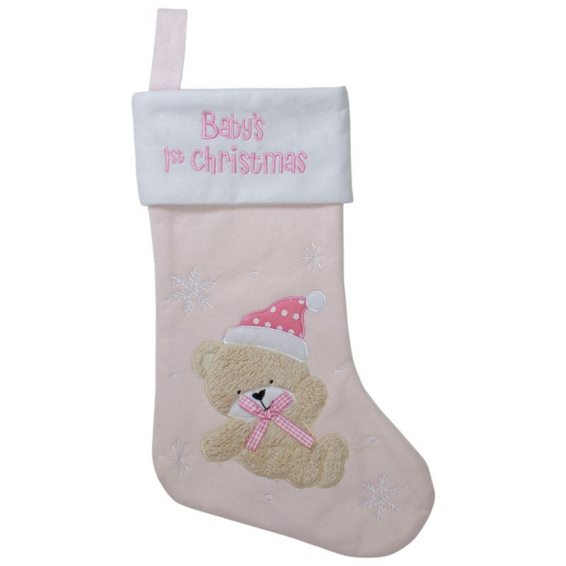 Pink and White Baby's 1st Christmas Teddy Bear Stocking