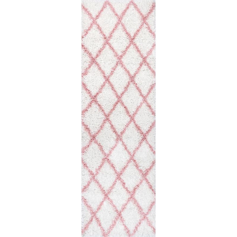 Pink and Ivory Geometric Shag Runner Rug, 2' 8" x 8'