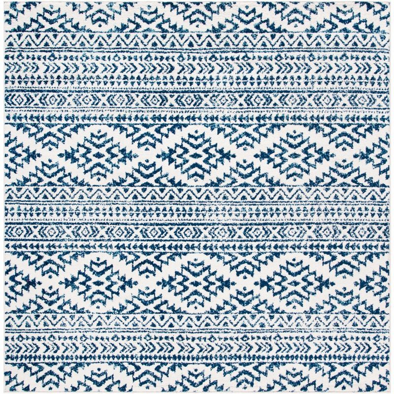 Ivory and Navy 9' Square Synthetic Boho Area Rug