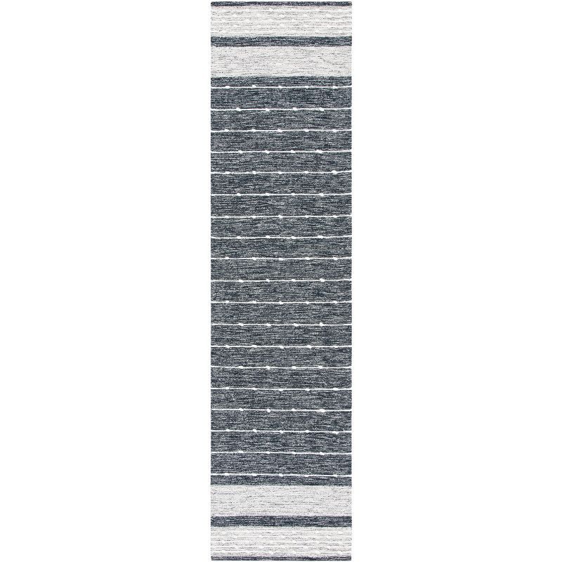 Black and Ivory Wool Handwoven Striped Kilim Rug