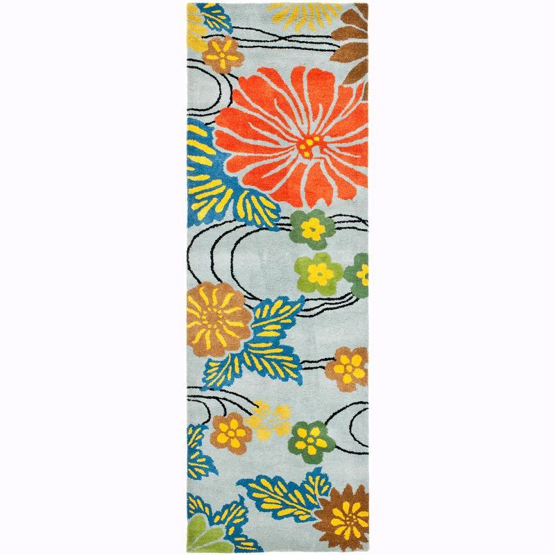 Hand-Tufted Blue and Multicolor Floral Wool Runner Rug