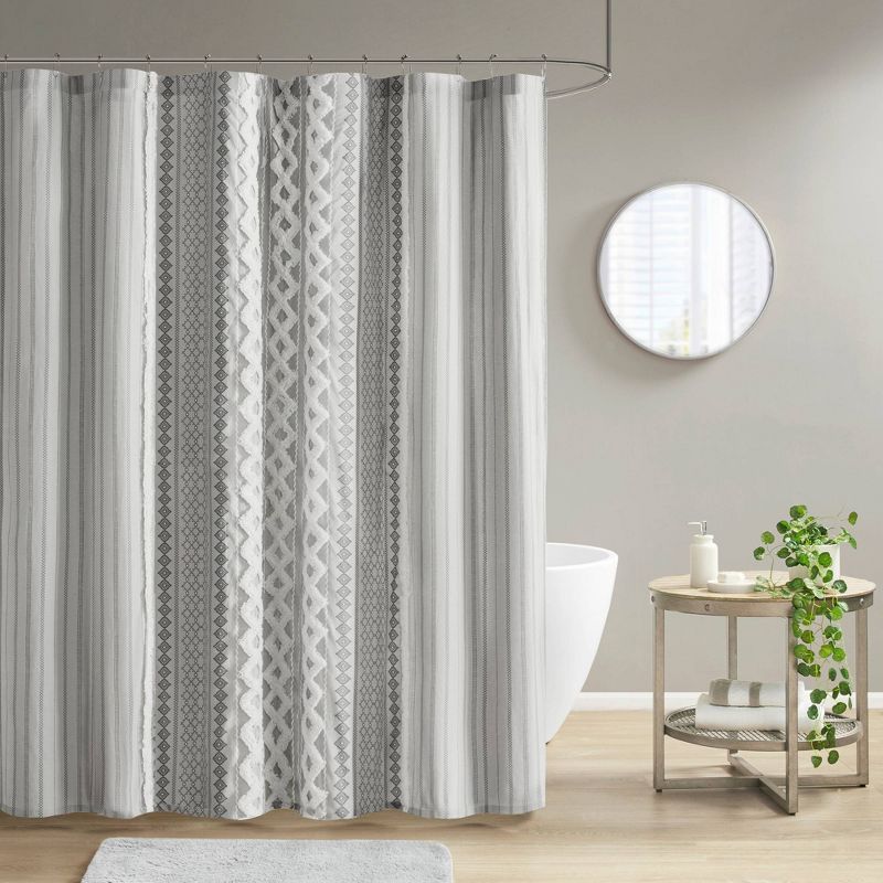 Gray Cotton Aztec Print Chenille Shower Curtain 72" x 72"