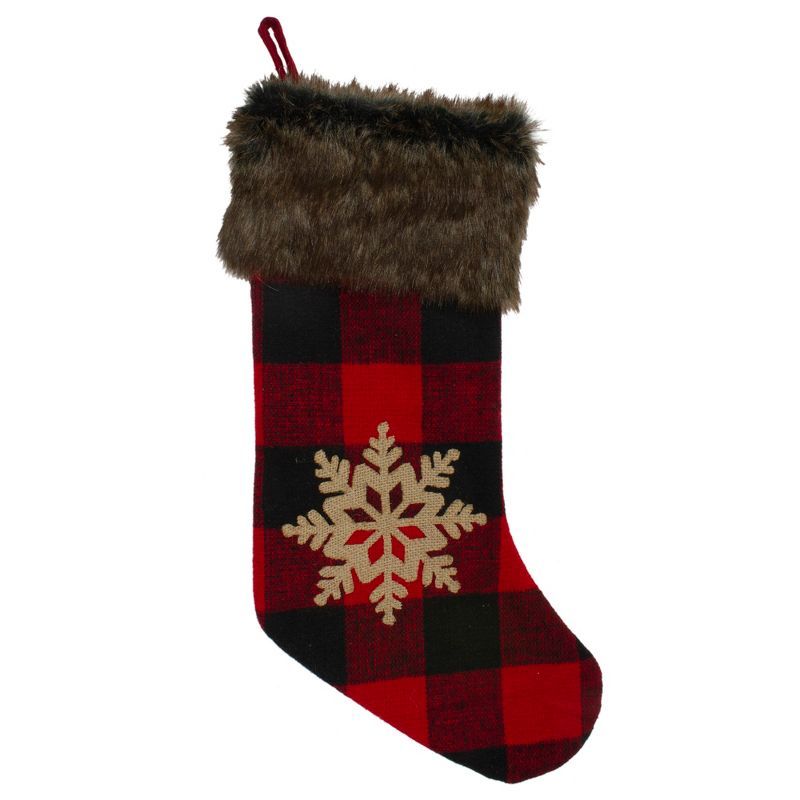 19" Red and Black Buffalo Plaid Christmas Stocking with Faux Fur Trim