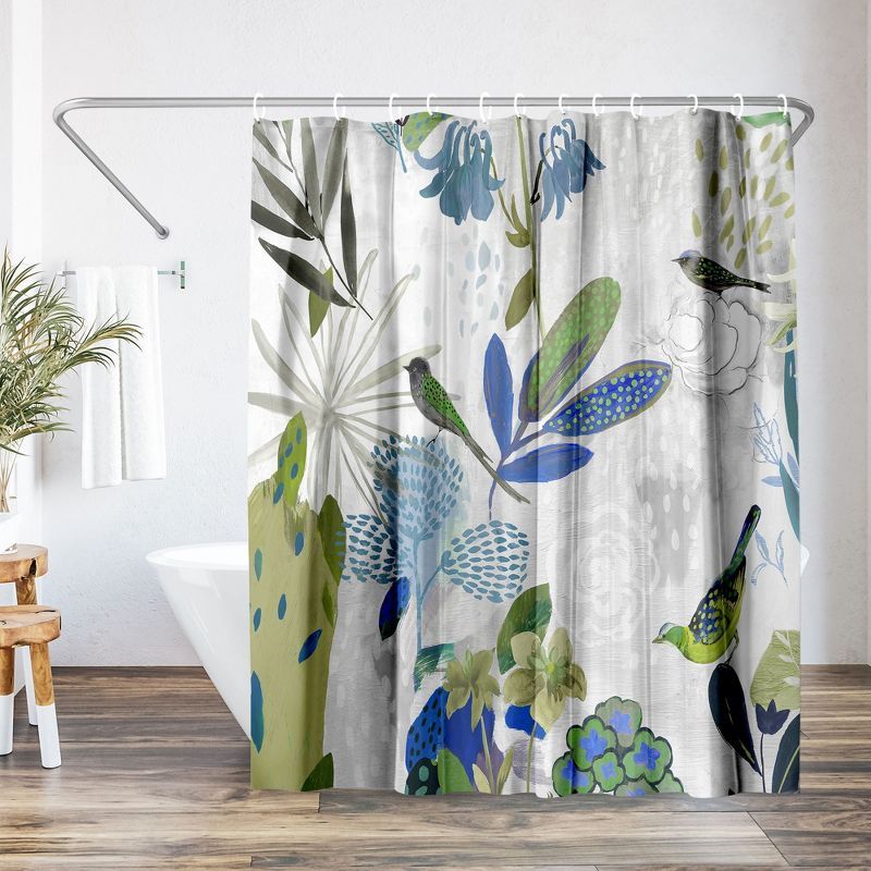 Botanical Blue and Green Polyester Shower Curtain with Bird Illustrations