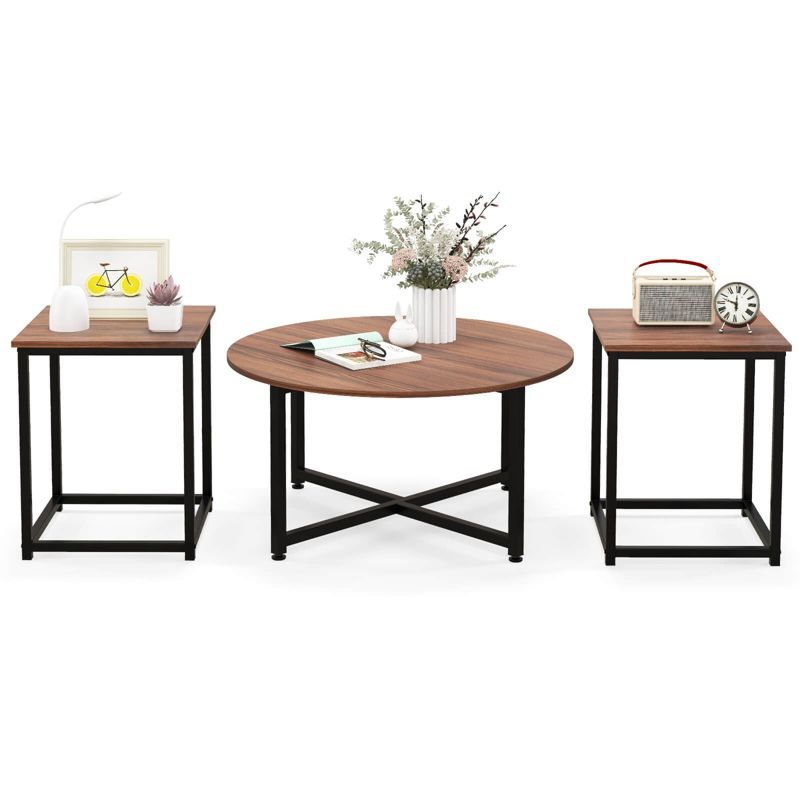 Walnut and Black 3-Piece Coffee Table Set with Metal Frame