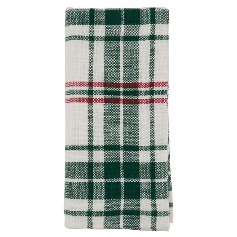 White and Green Plaid Cotton Table Napkins, Set of 4