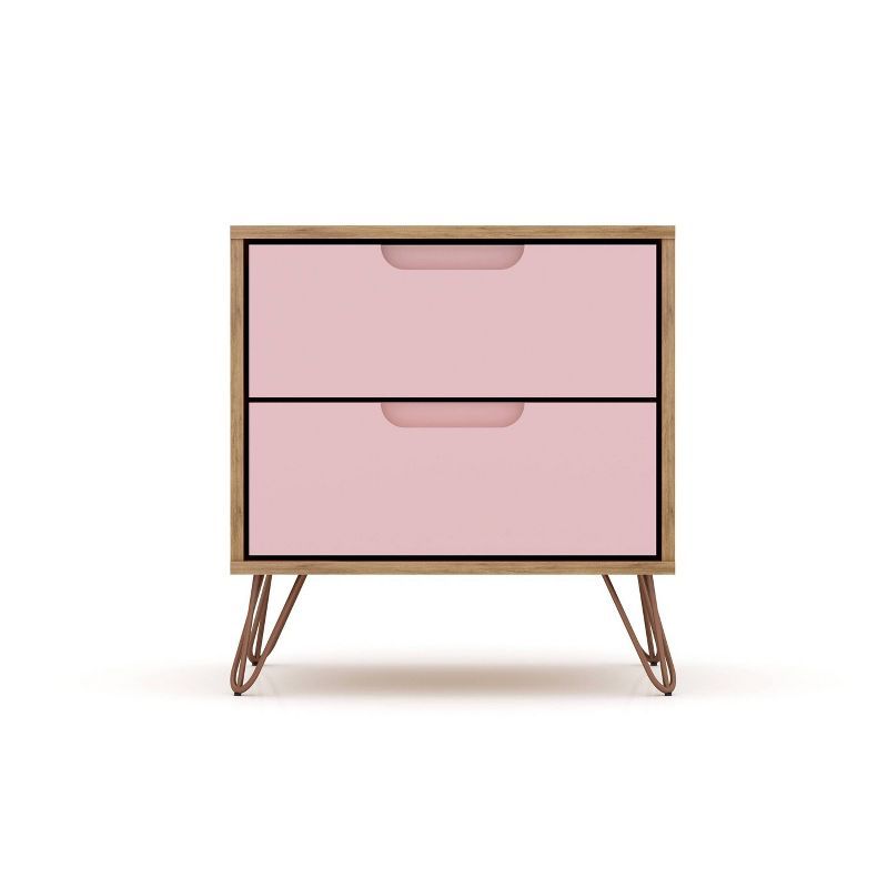 Nature and Rose Pink 2-Drawer Nightstand with Hairpin Legs