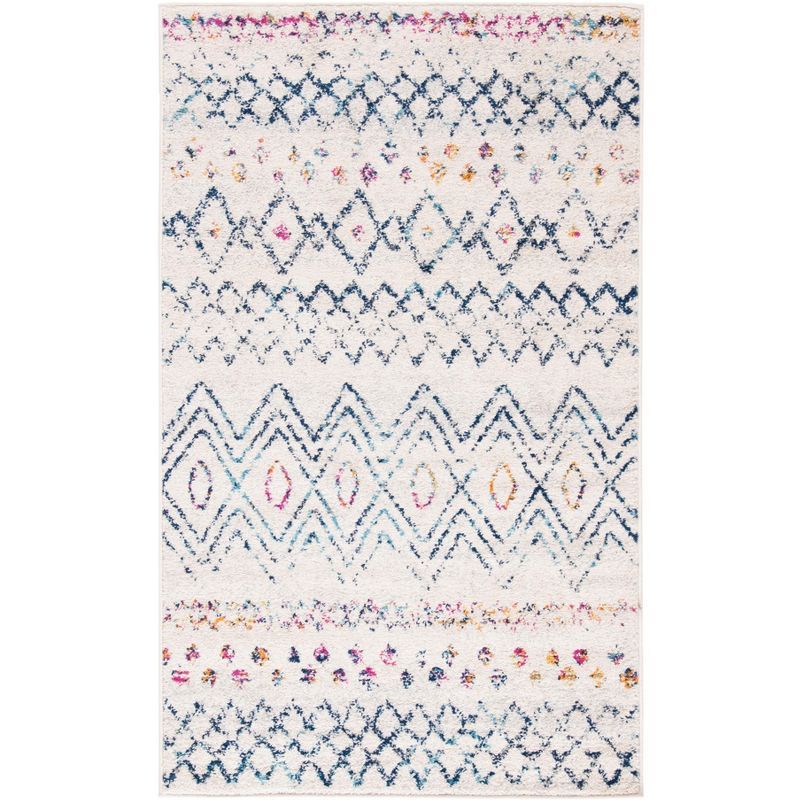 Ivory and Dark Blue Geometric Moroccan Area Rug
