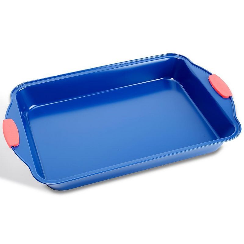 NutriChef 18" Blue Non-Stick Carbon Steel Loaf Pan with Red Silicone Handles