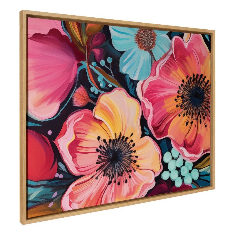 Colorful Floral Group Framed Canvas Wall Art in Natural Frame