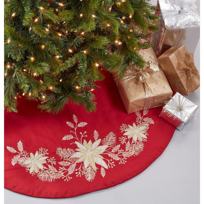 Red Embroidered Holly Christmas Tree Skirt, 72 inches