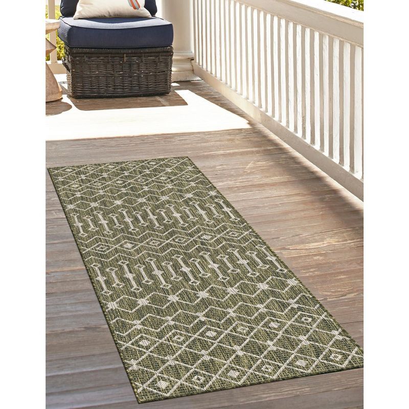 Green/Ivory Geometric Synthetic 2' x 8' Outdoor Runner