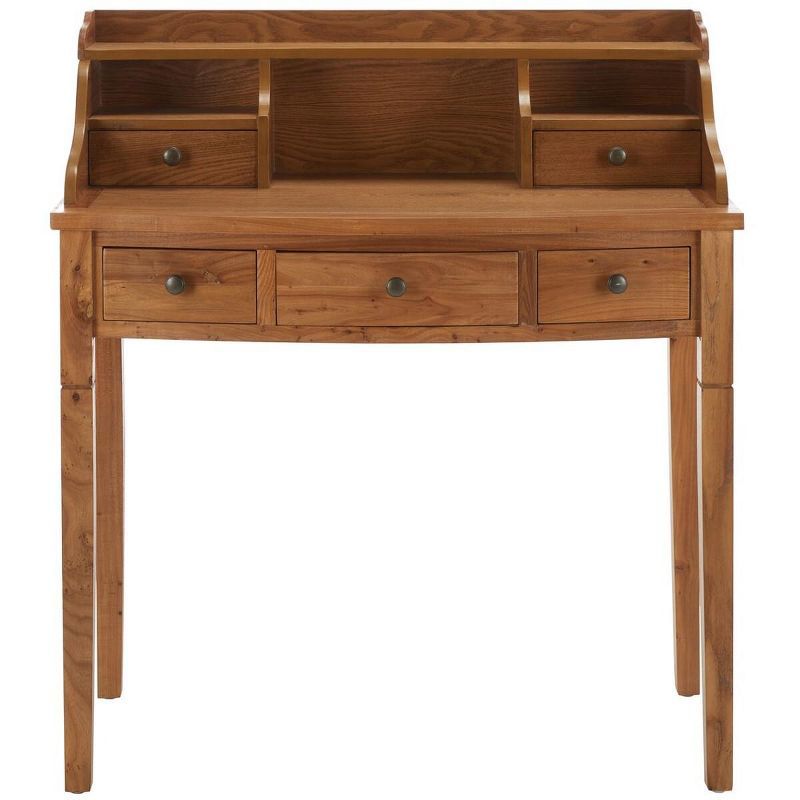 Transitional Oak 5-Drawer Writing Desk with Hutch and Cubbies