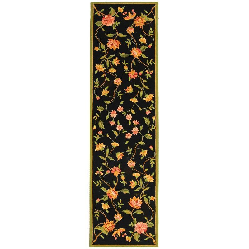 Handmade Black Floral Wool Runner Rug, 2'6" x 10'