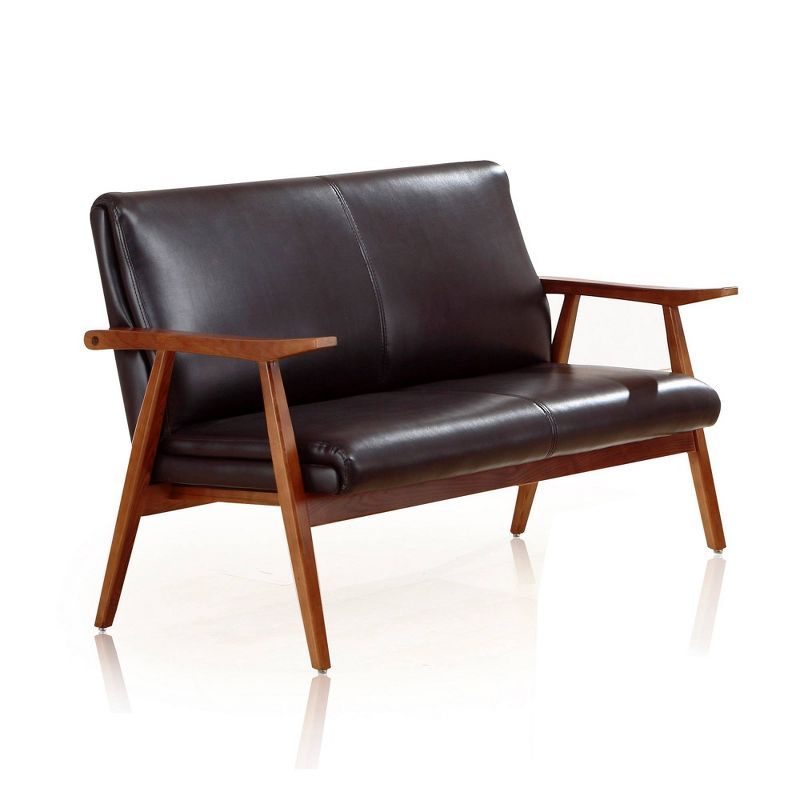 Black Faux Leather Mid-Century Modern Loveseat with Wood Frame