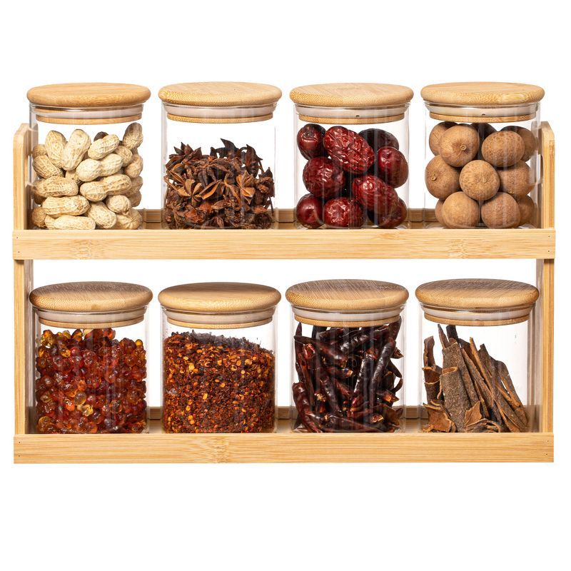 Natural Bamboo 2-Tier Spice Rack with 8 Clear Glass Jars