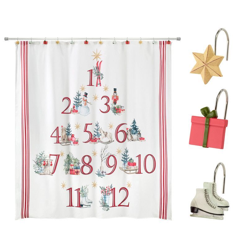 Holiday Countdown Polyester Shower Curtain with Resin Hooks Set