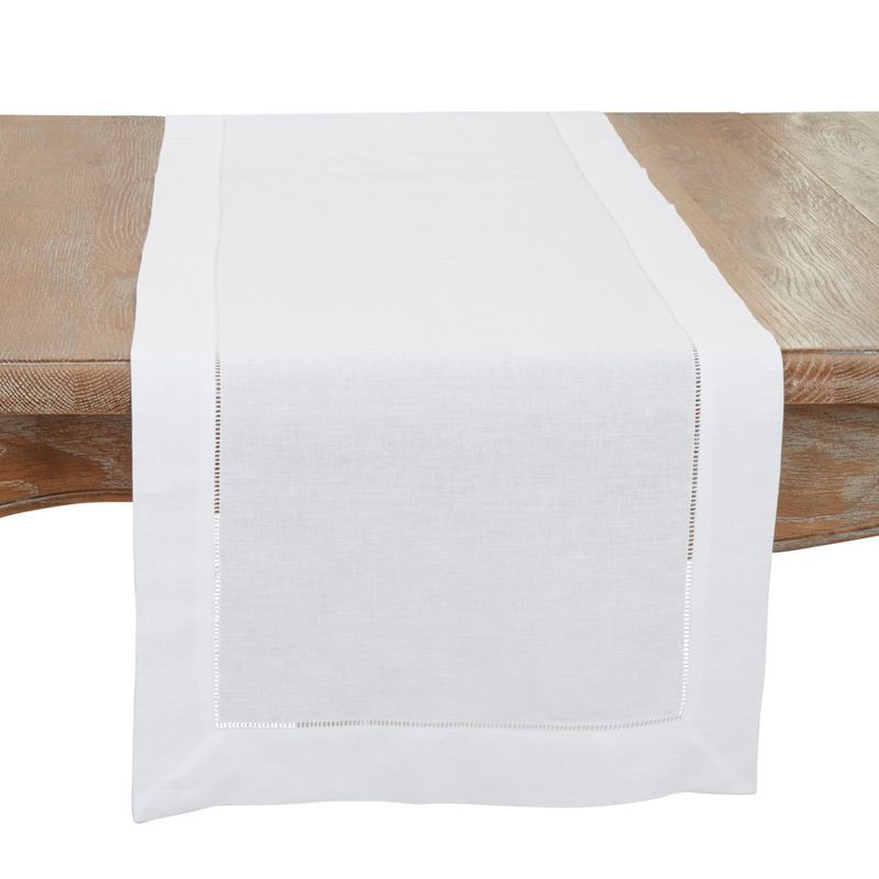 White Hemstitched Cotton Linen Blend Table Runner