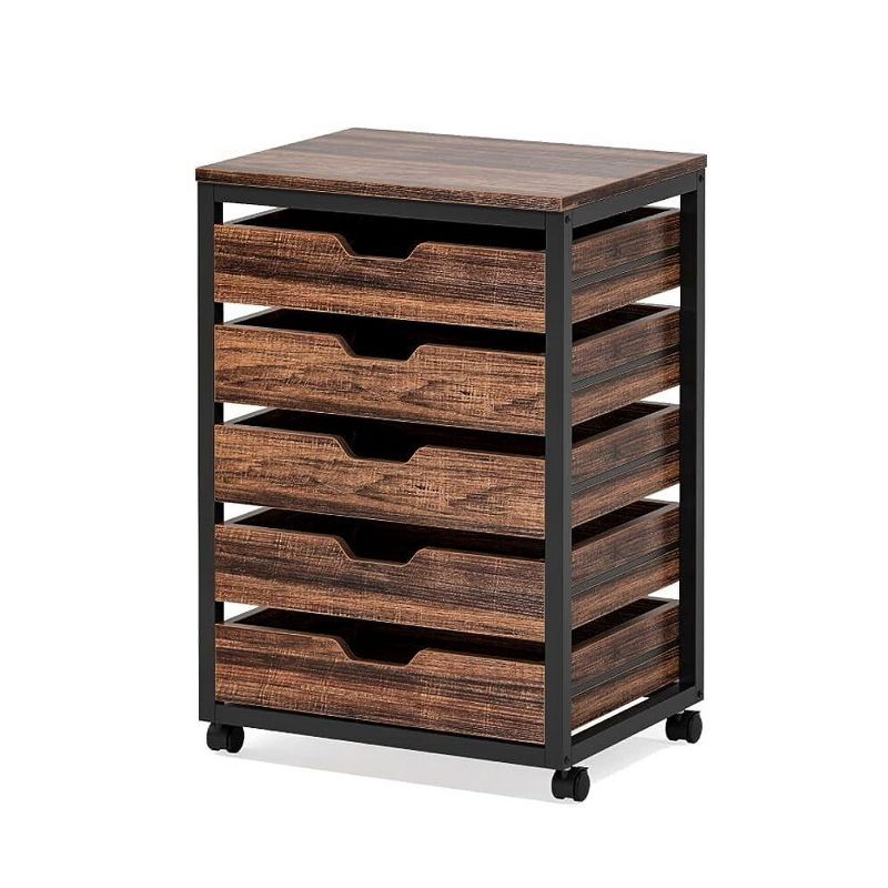 Rustic Brown Industrial 5-Drawer Storage Cabinet with Casters