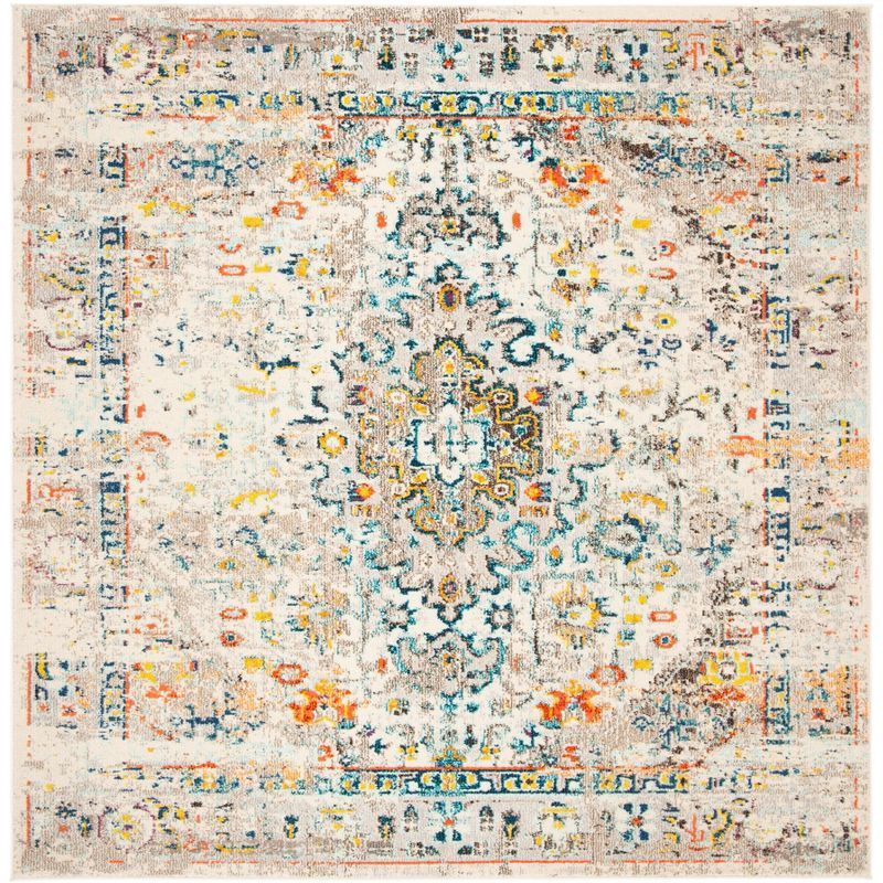 9' Square Cream and Blue Synthetic Flat Woven Area Rug