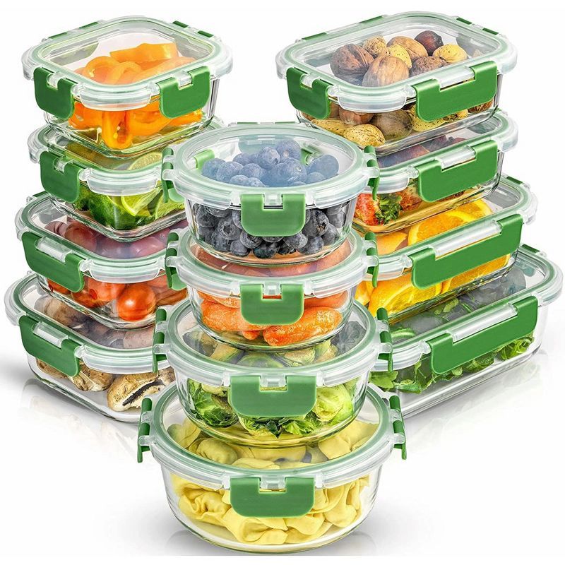 JoyFul 24-Piece Bright Green Glass Storage Containers with Leakproof Lids