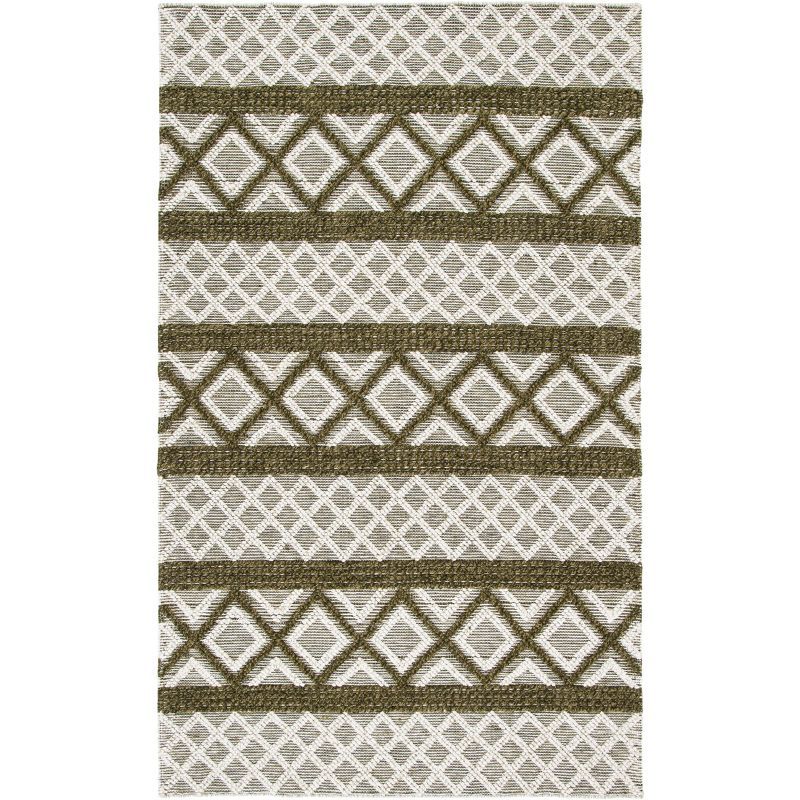 Ivory and Dark Green Handwoven Wool Area Rug 3' x 5'