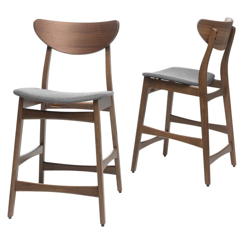 Elegant Molle 24" Dark Grey Cushioned Counter Stools with Walnut Frame - Set of 2