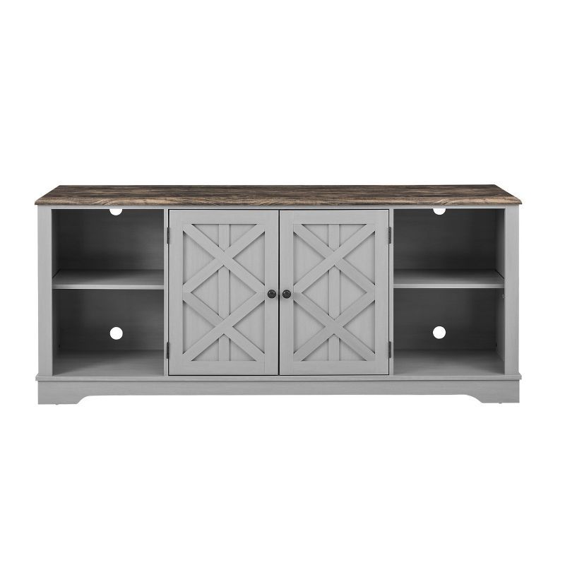 Gray and Walnut Quintuple-Tier Light Wood TV Stand with Latticework
