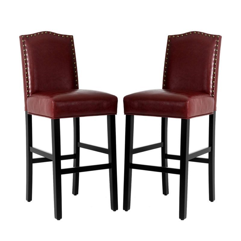 Elegant Red Leatherette Adjustable Barstool Set with Studded Detail