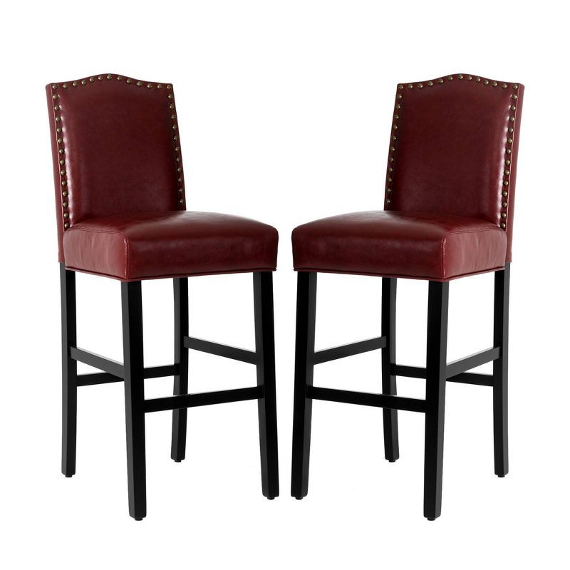 Elegant Red Leatherette Adjustable Barstool Set with Studded Detail