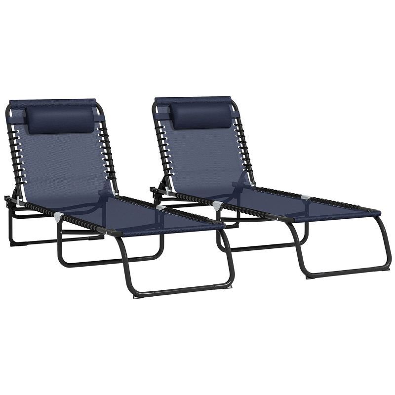 Dark Blue Folding Chaise Lounge Set with Mesh and Steel Frame