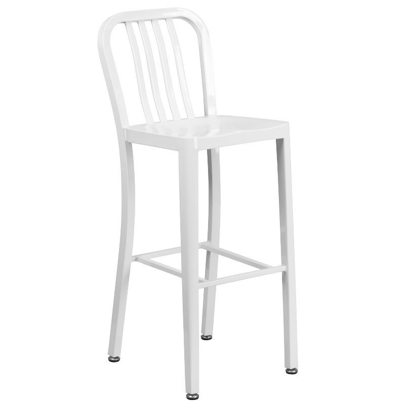 Sleek White Metal Indoor-Outdoor Barstool with Vertical Slat Back