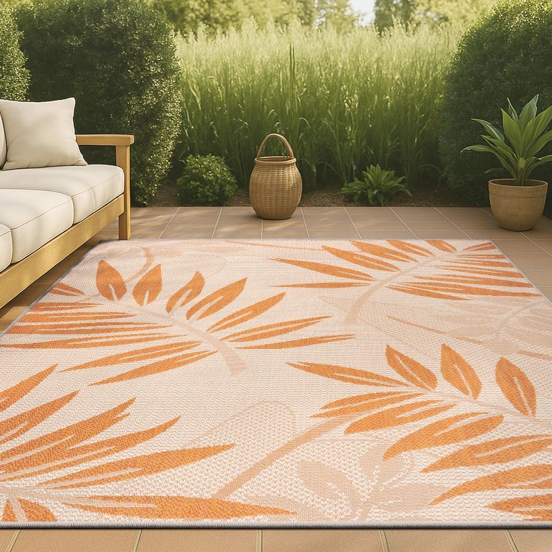 Tropical Palm Leaf Cream/Orange 4' x 6' Indoor/Outdoor Easy-Care Rug