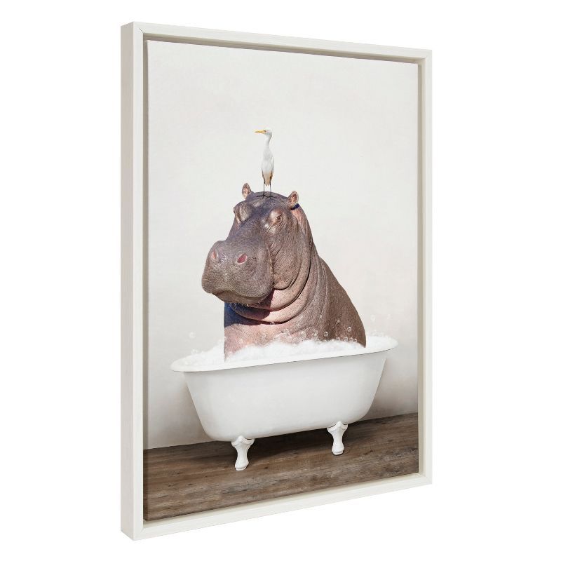 Whimsical Hippo and Bird in Bath Canvas Print