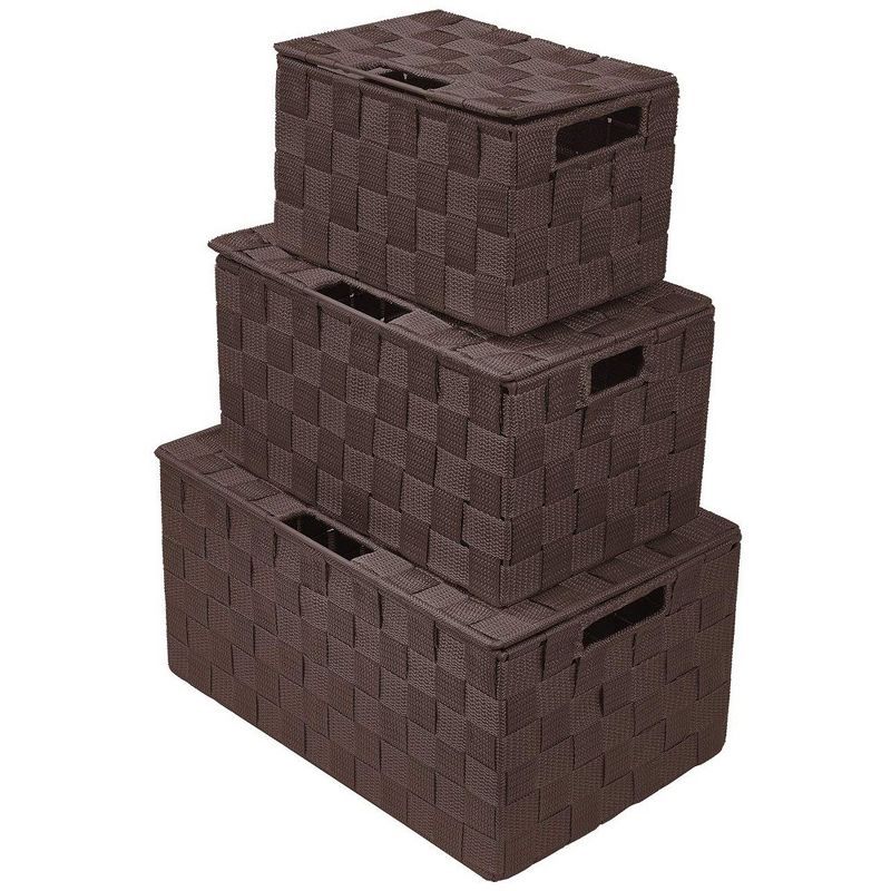 Brown Woven Polypropylene Stackable Storage Basket Set with Lids