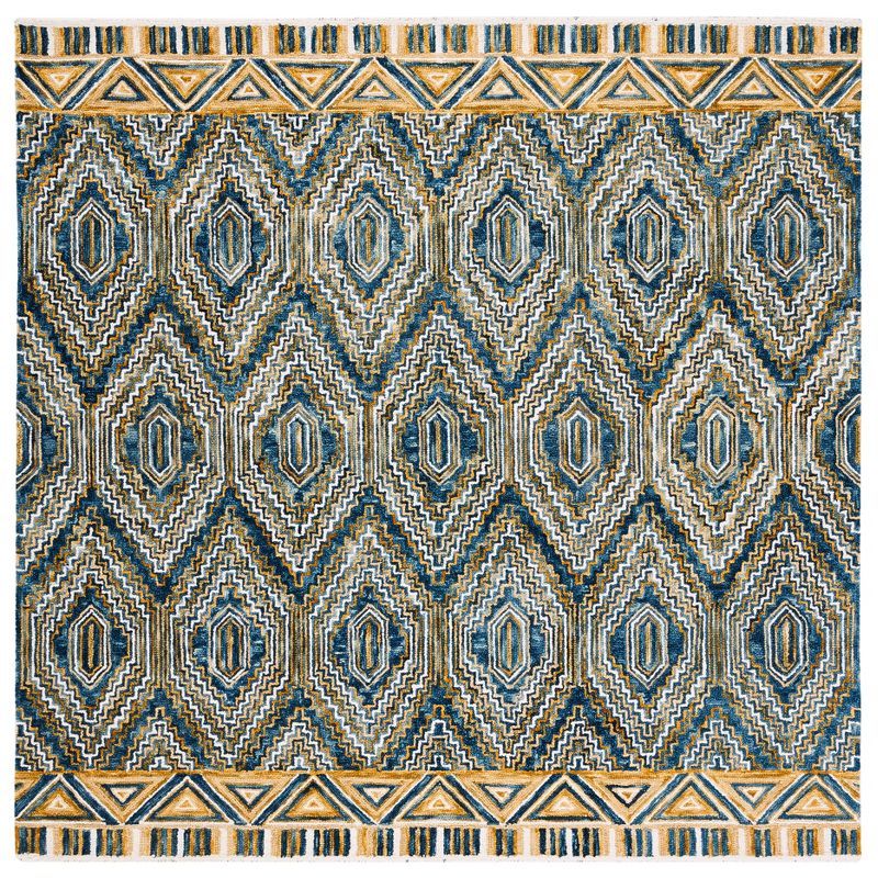 Handmade Blue Wool Geometric Tufted Square Rug