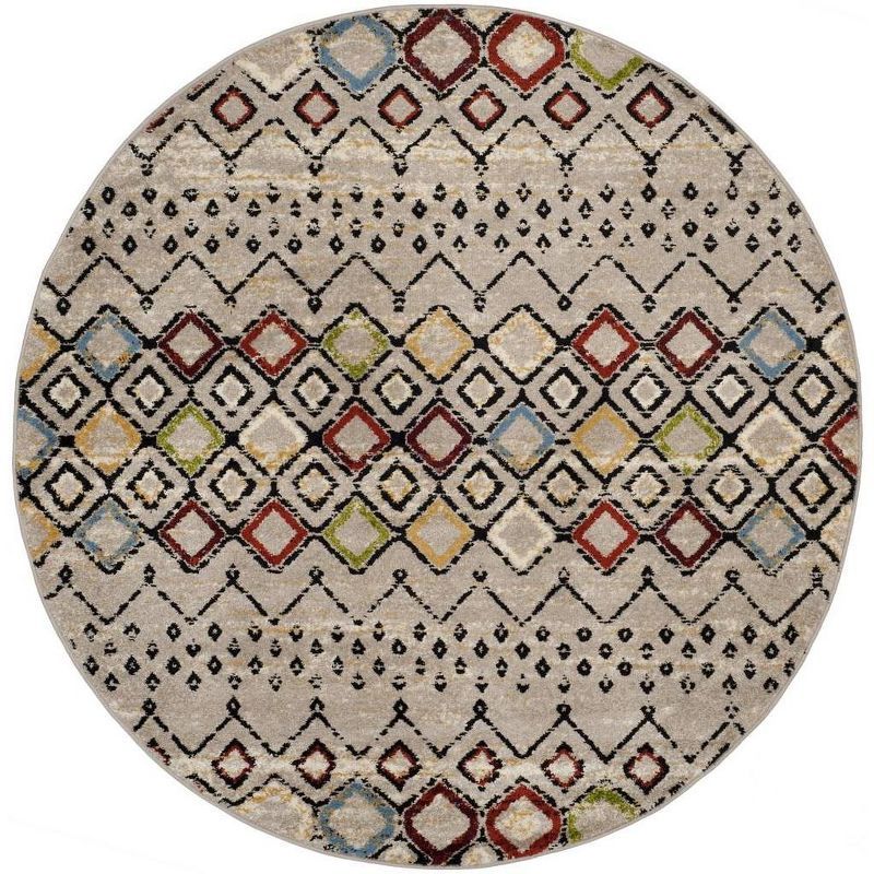 Light Grey Multi Geometric Round Synthetic Area Rug