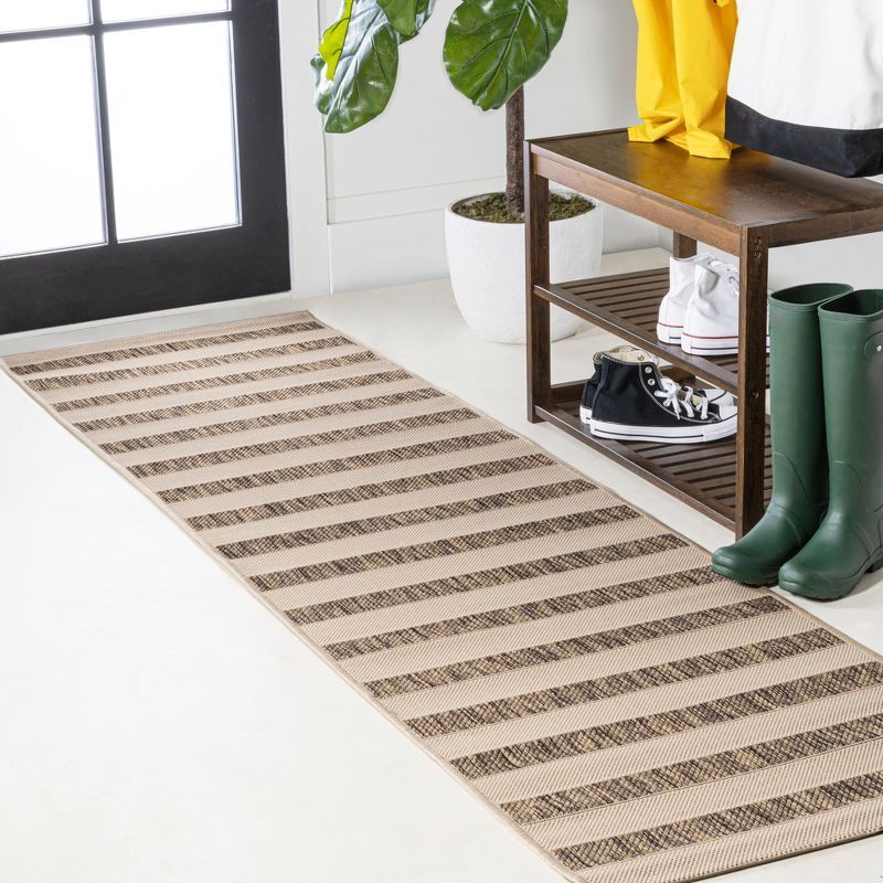 Beige and Brown Wide Stripe Synthetic Indoor/Outdoor Runner Rug